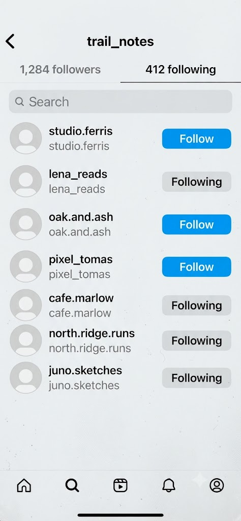 Another account's Following list in the Instagram app: a search box above the list and no sort control